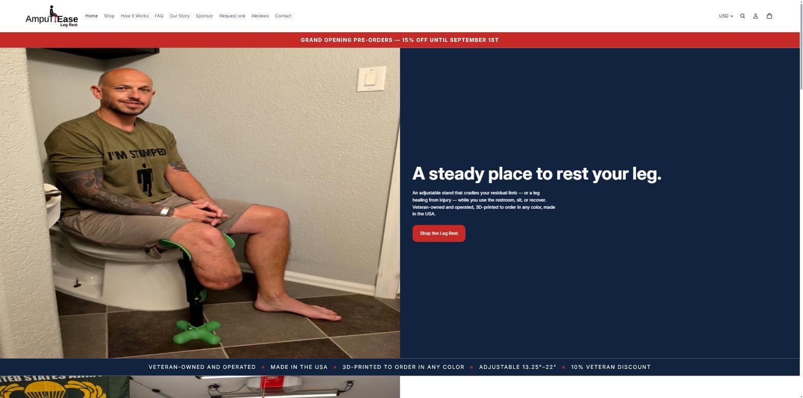 AmputiEase homepage, showing the adjustable leg-rest product and headline 'A steady place to rest your leg.'